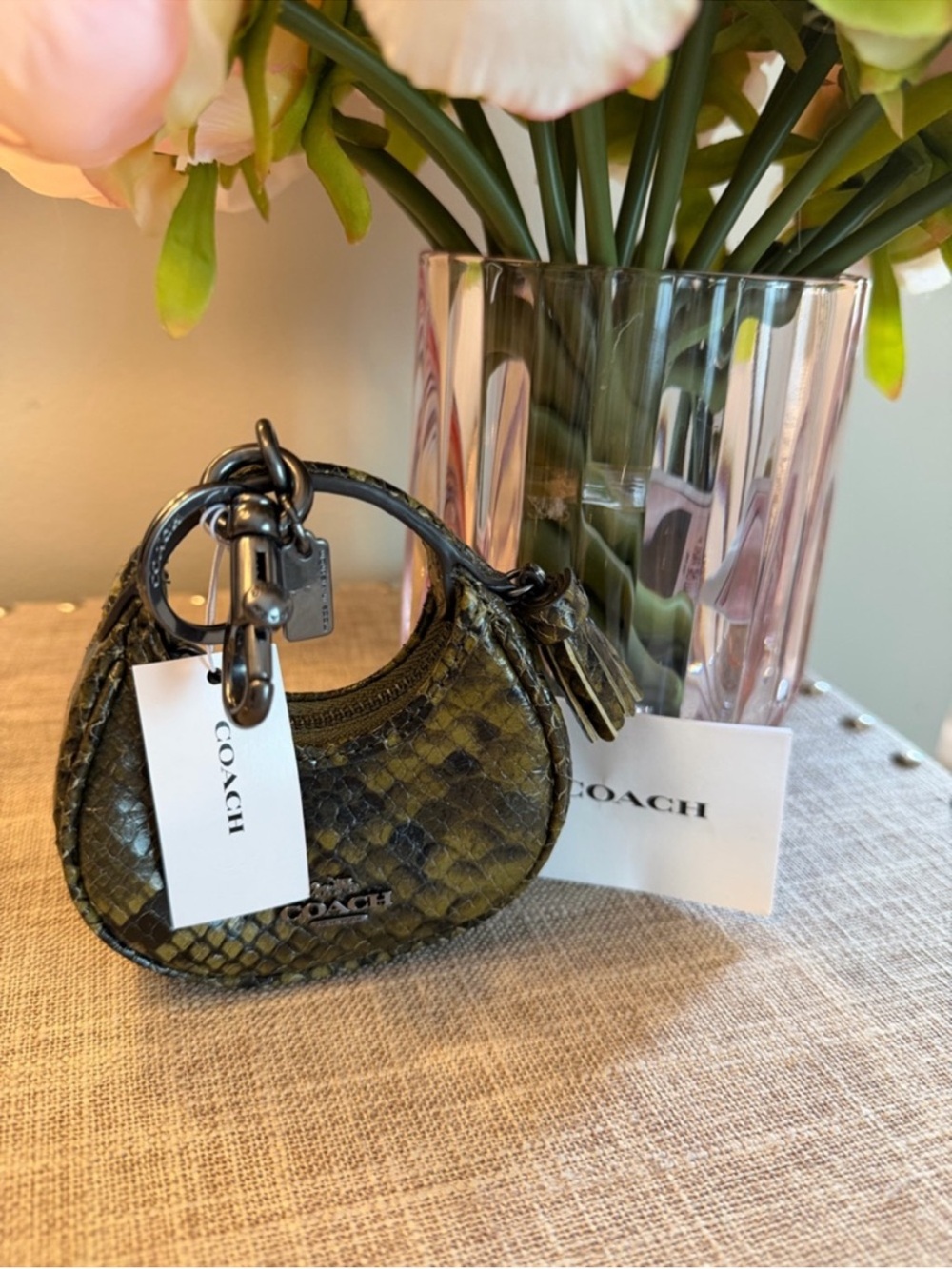 Coach Mini Python-Embossed Crescent Bag in Olive Green and Black